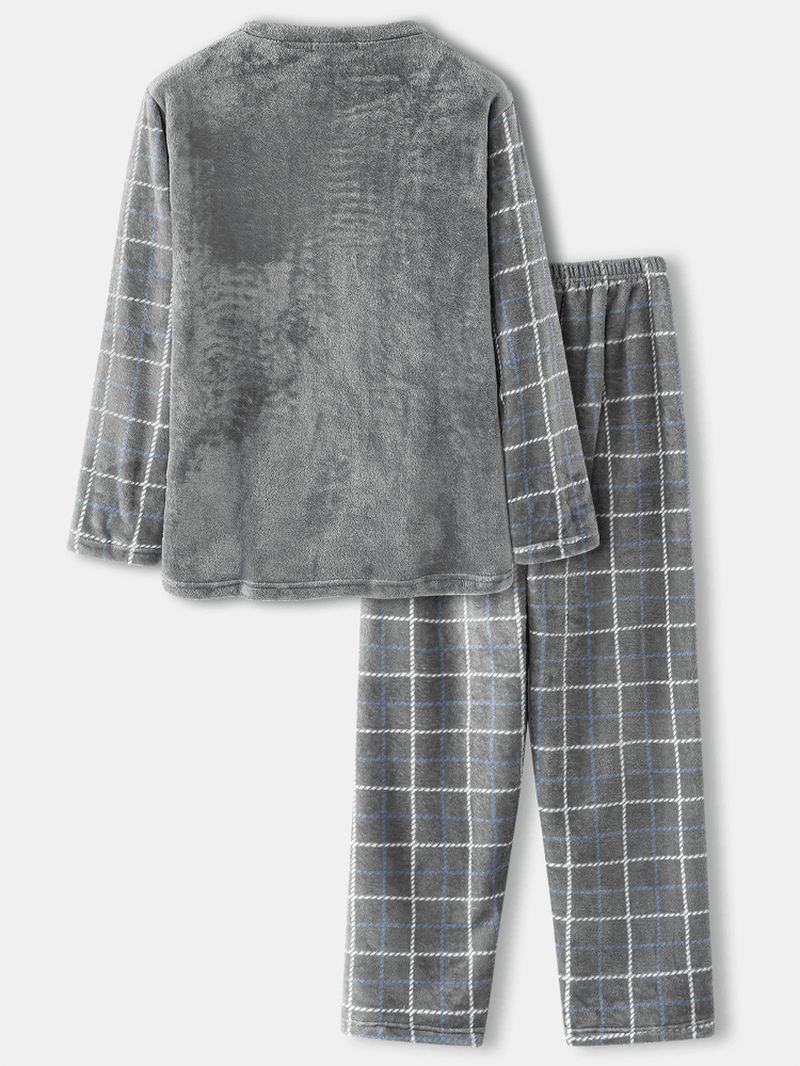 Herre Flanell Plaid Patchwork Pullover Warm Thicken Loose Pants Hjemmepyjamassæt