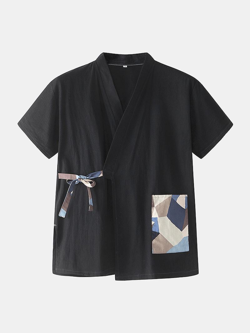 Herre Geometrisk Tryk V-hals Top Elastisk Talje Lomme Japansk Stil Saunadragt Hjemmepyjamas