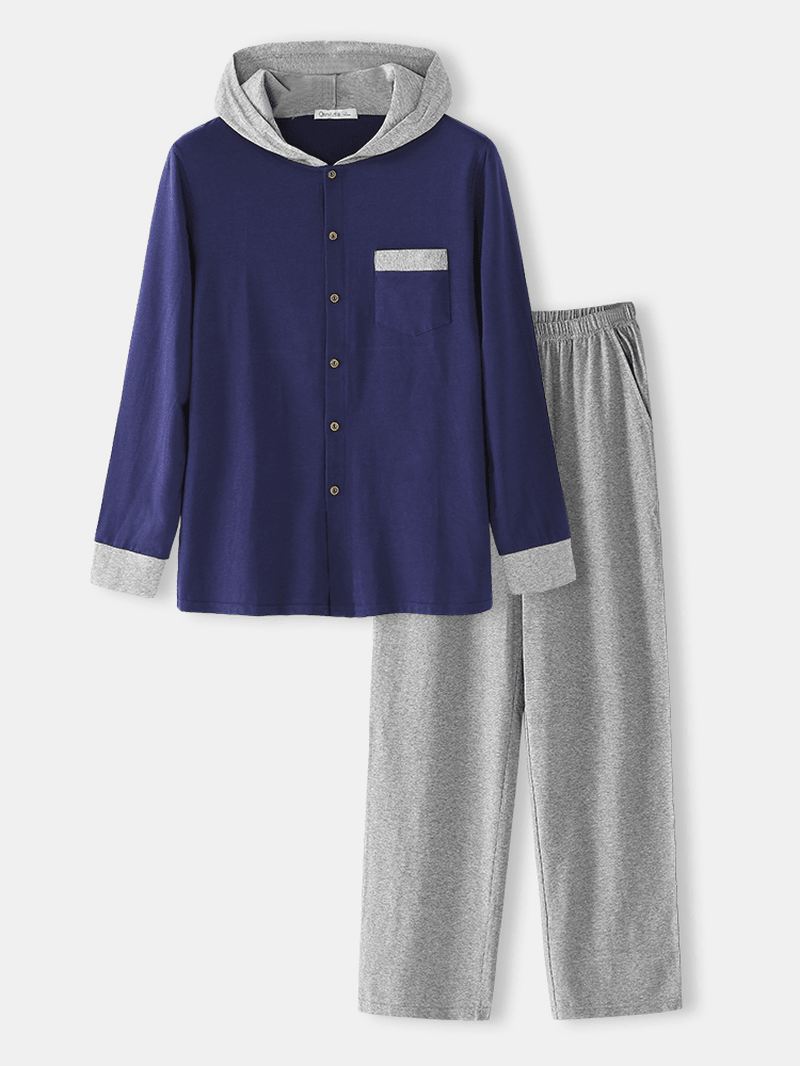 Herre Modal Strik Langærmet Hætte Top Hjem Casual Elastisk Talje Lounge Pyjamas Sæt