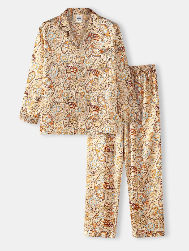 Herre Paisley Med Tryk Etnisk Stil Flap Pocket Langærmet Hjem Casual Pyjamas Sæt