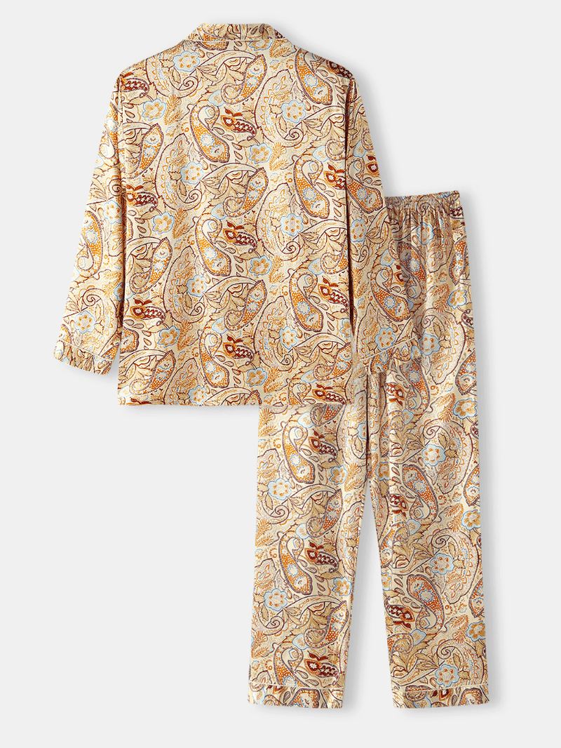 Herre Paisley Med Tryk Etnisk Stil Flap Pocket Langærmet Hjem Casual Pyjamas Sæt