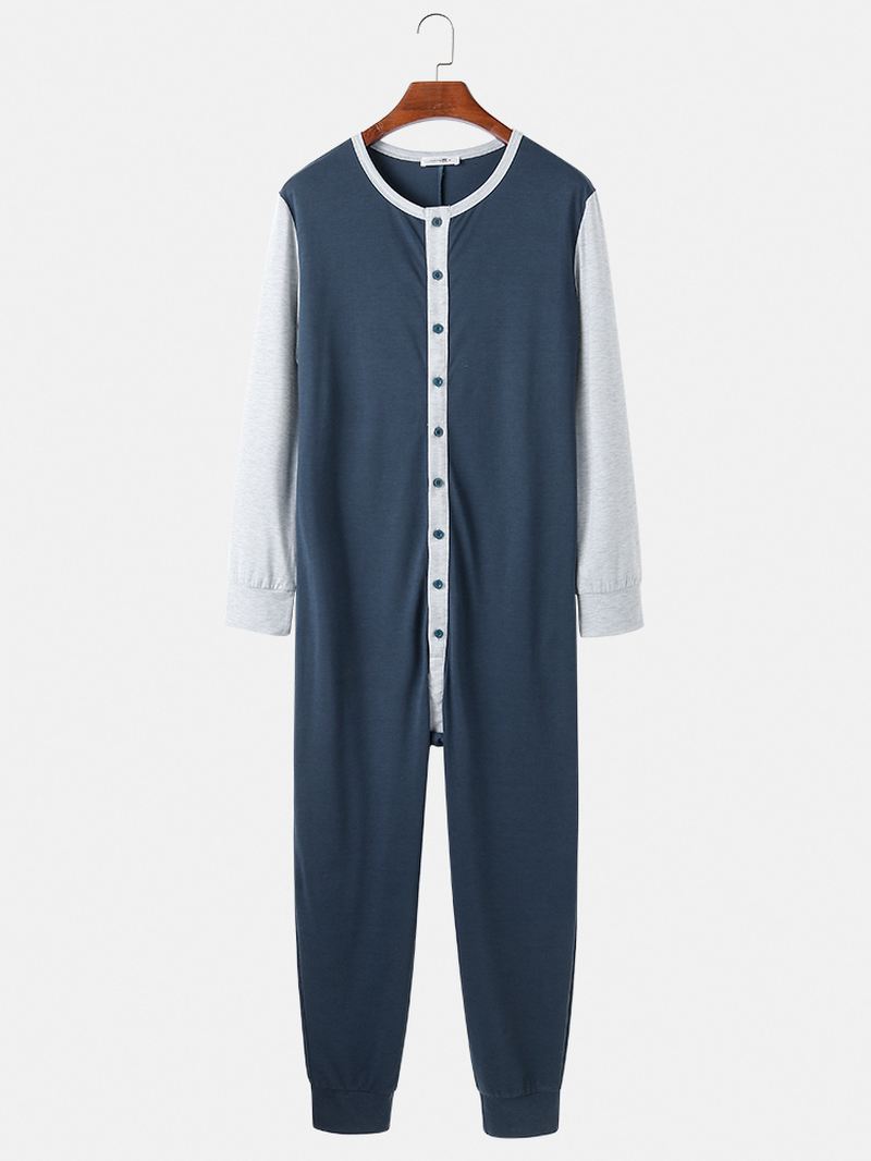 Herre Patchwork Colorblock Rund Hals Knap Op Langærmet Home Jumpsuit Pyjamas