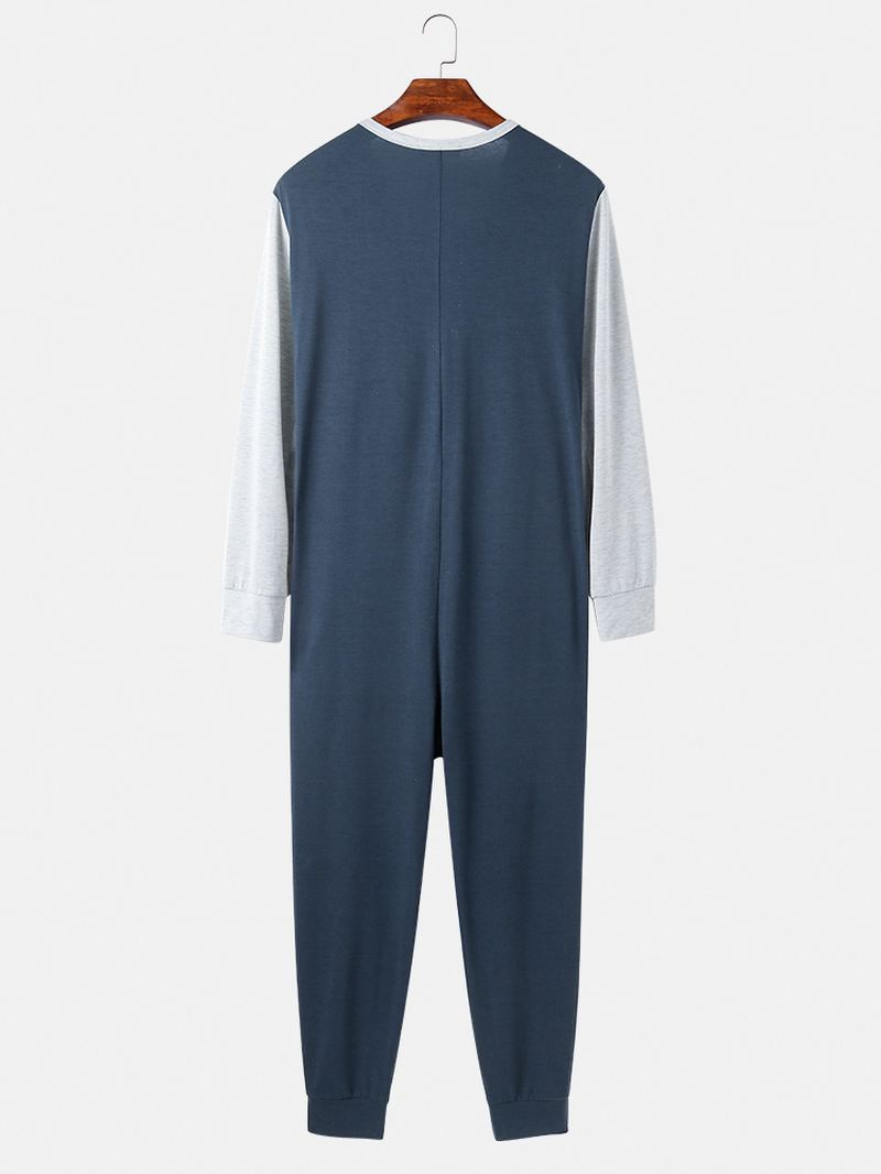 Herre Patchwork Colorblock Rund Hals Knap Op Langærmet Home Jumpsuit Pyjamas