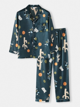 Herre Polka Dot Plant Med Tryk Loose Fit Langærmet Revere Collar Home Lounge Pyjamas Med Lomme