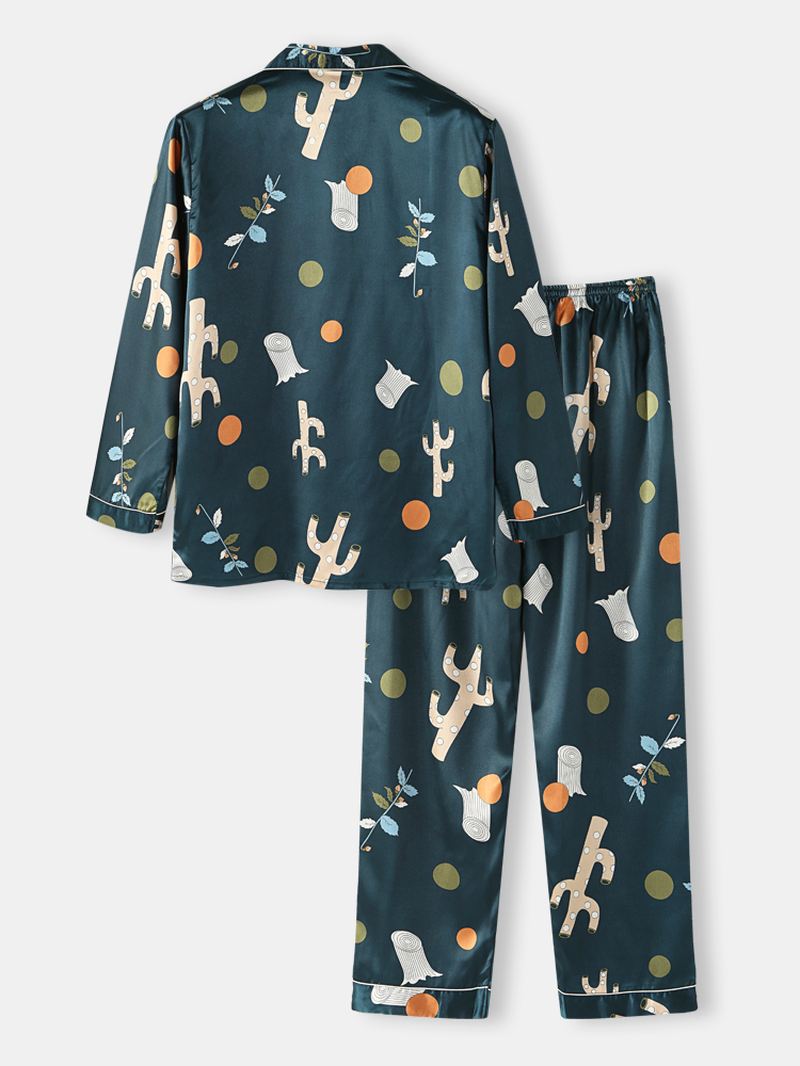 Herre Polka Dot Plant Med Tryk Loose Fit Langærmet Revere Collar Home Lounge Pyjamas Med Lomme