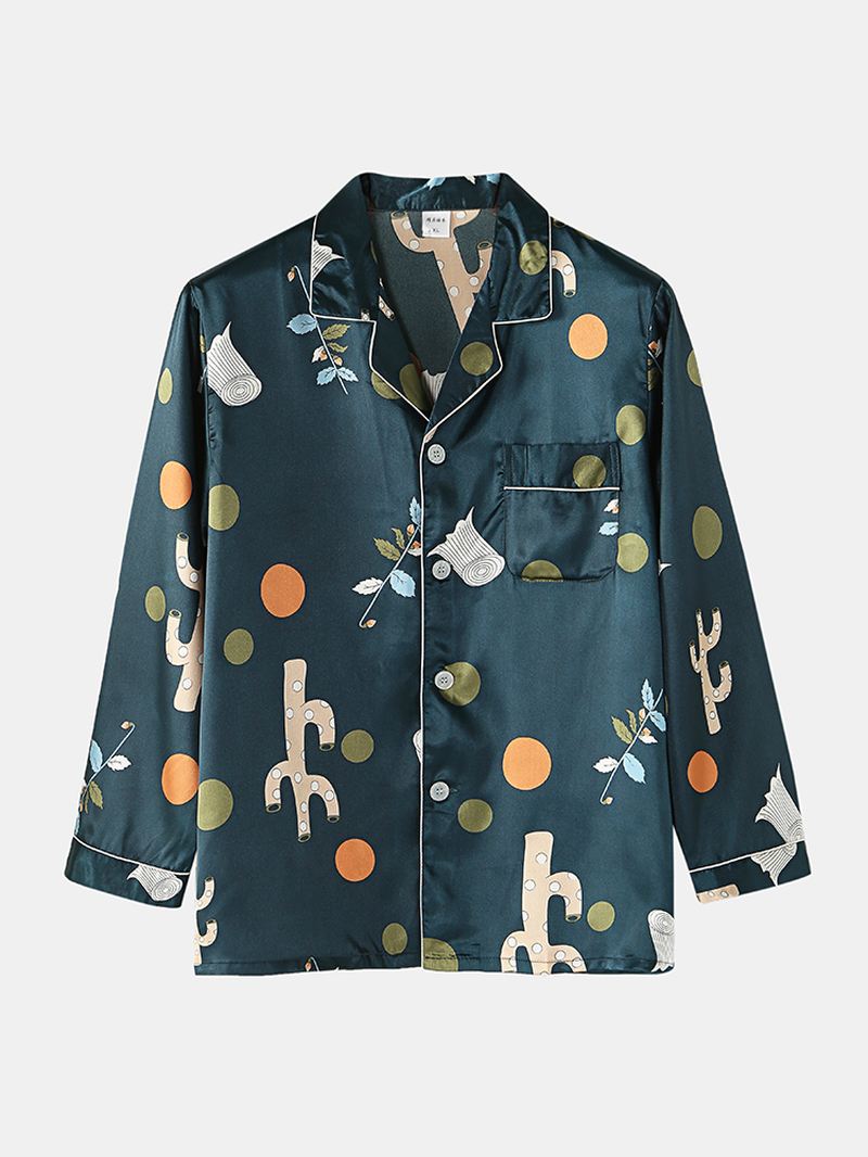 Herre Polka Dot Plant Med Tryk Loose Fit Langærmet Revere Collar Home Lounge Pyjamas Med Lomme