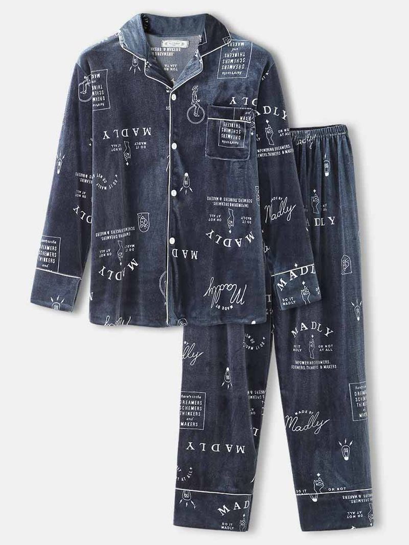 Herre Simple Graffiti Letter Med Tryk Skjorte Elastiske Taljebukser Velvet Warm Home Pyjamas Set