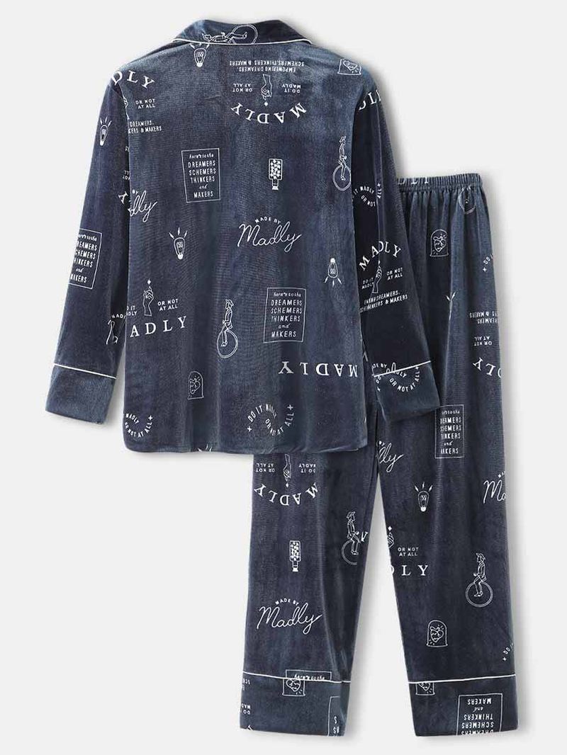 Herre Simple Graffiti Letter Med Tryk Skjorte Elastiske Taljebukser Velvet Warm Home Pyjamas Set