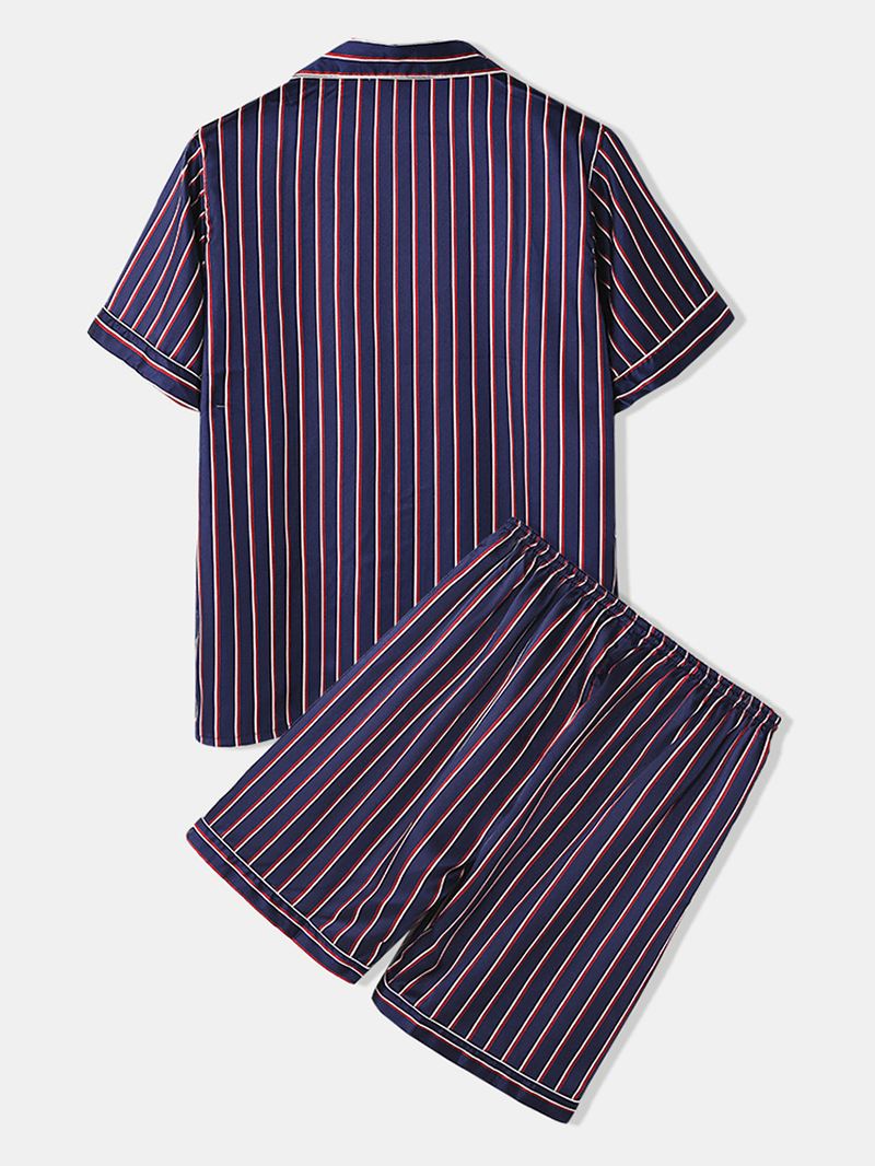 Herre Stribet Glat Revere Krave Lomme Button Up Hjem Faux Silk Pyjamas Sæt