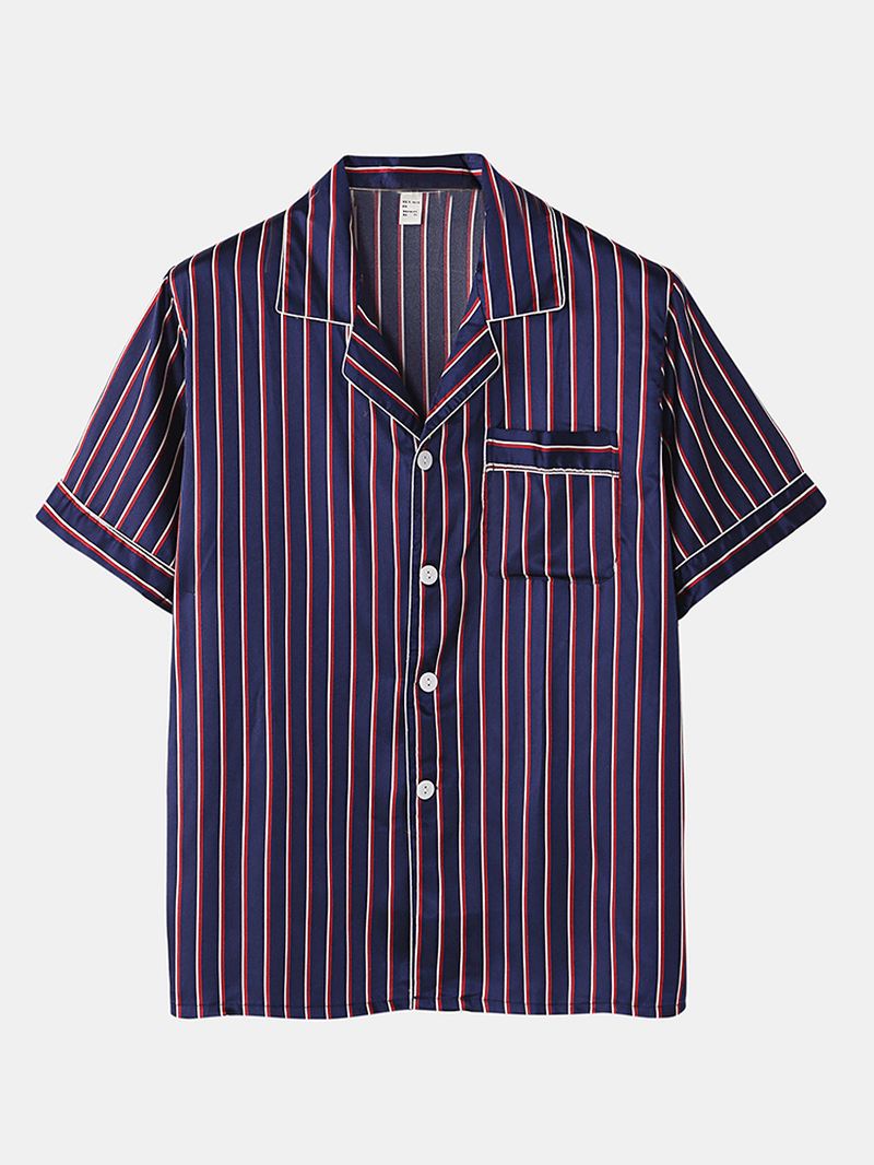 Herre Stribet Glat Revere Krave Lomme Button Up Hjem Faux Silk Pyjamas Sæt