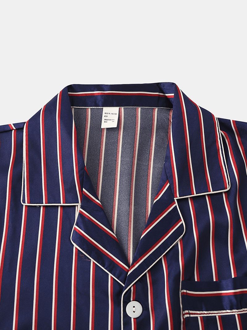 Herre Stribet Glat Revere Krave Lomme Button Up Hjem Faux Silk Pyjamas Sæt