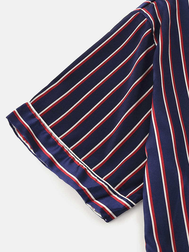 Herre Stribet Glat Revere Krave Lomme Button Up Hjem Faux Silk Pyjamas Sæt