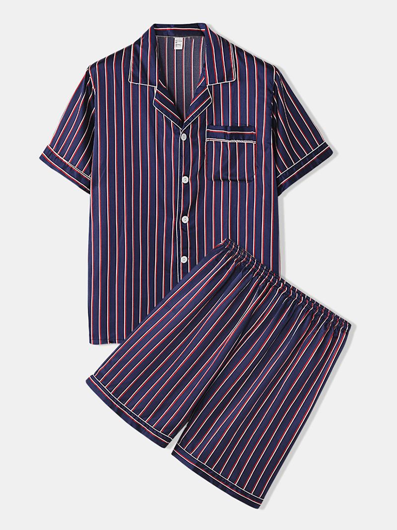 Herre Stribet Glat Revere Krave Lomme Button Up Hjem Faux Silk Pyjamas Sæt