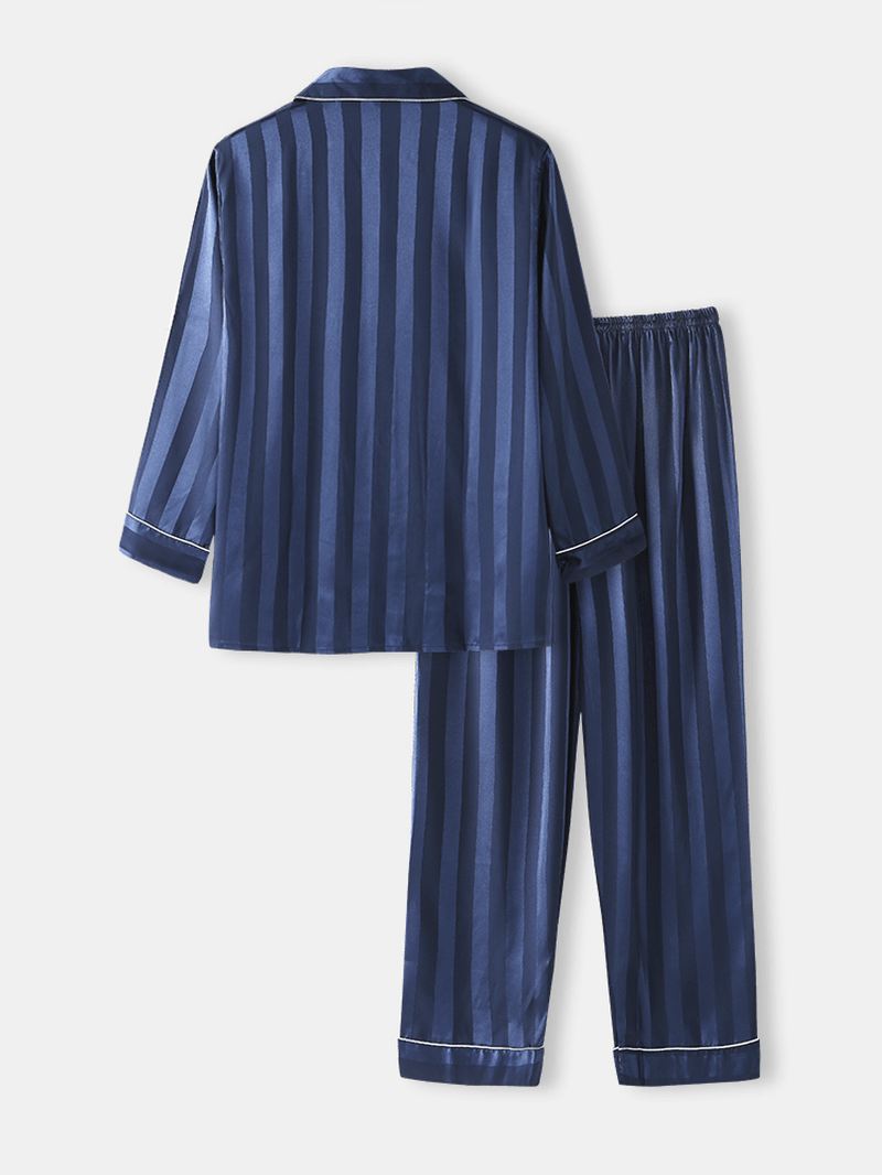 Herre Stribet Jacquard Faux Silk Home Revere Krave Løs Lounge Pyjamas Sæt