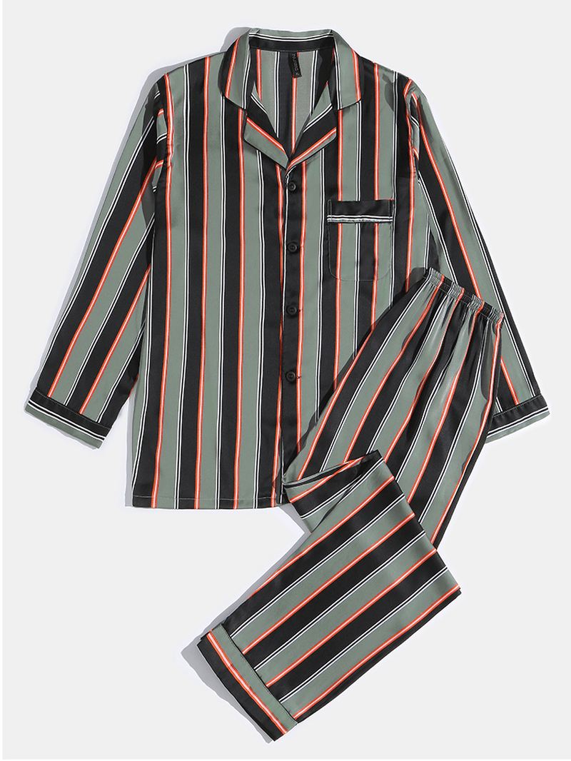 Herre Stripe Med Tryk Lapel Langærmet Skjorte Elastisk Taljebukser Hjemmepyjamassæt