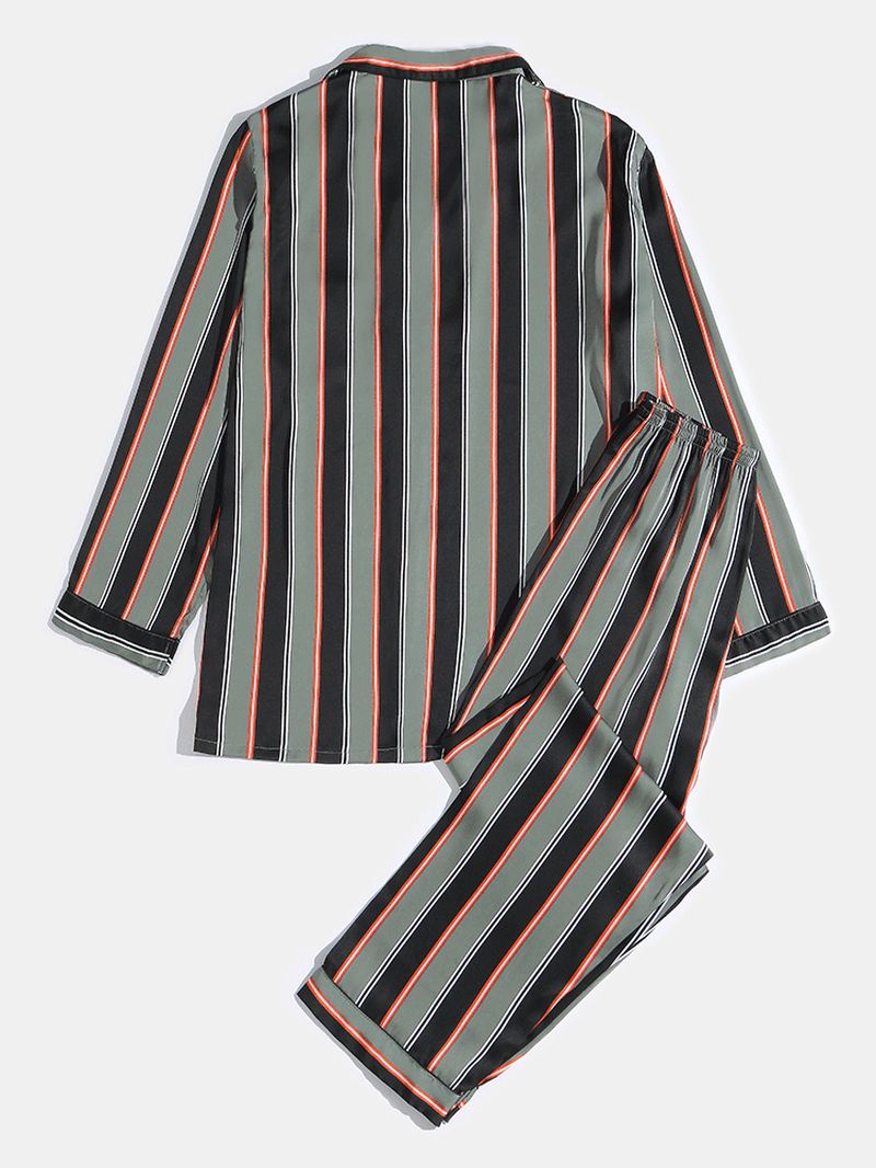 Herre Stripe Med Tryk Lapel Langærmet Skjorte Elastisk Taljebukser Hjemmepyjamassæt