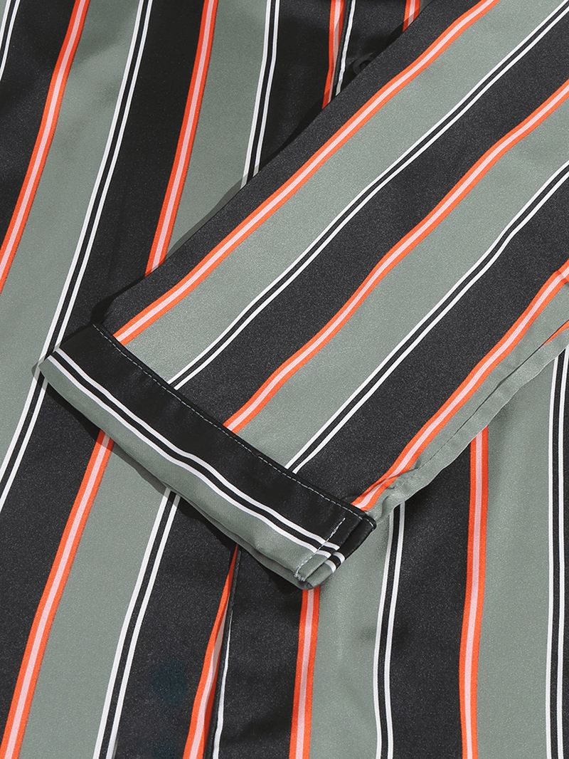 Herre Stripe Med Tryk Lapel Langærmet Skjorte Elastisk Taljebukser Hjemmepyjamassæt