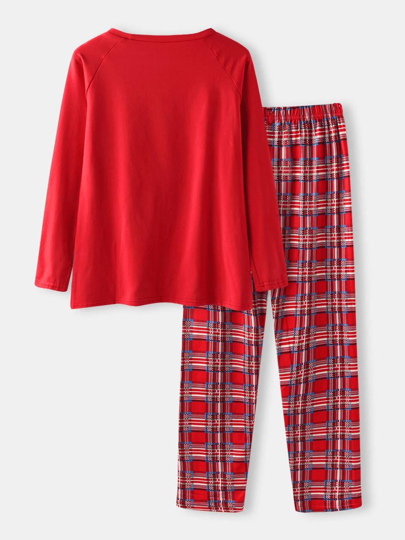 Herre Tegneserie Julemand Med Tryk Raglan Sleeve Løse Plaid Bukser Home Lounge Pyjamas Sæt