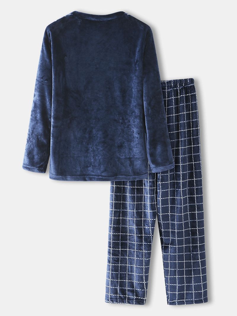 Herre Vinter Flanell Plaid Rund Hals Toppe Løse Bukser Tykke Home Lounge Pyjamas Sæt