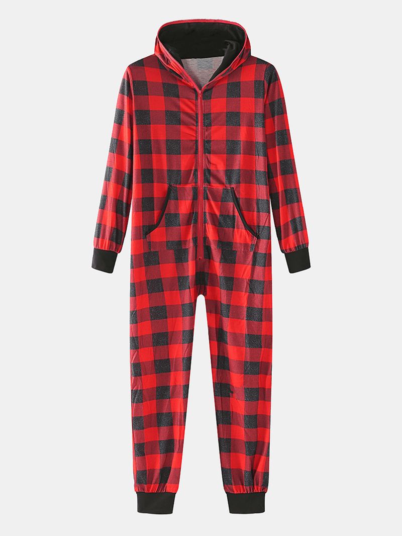 Klassisk Plaidprint For Mænd Med Langærmet Lynlås Hættedragt Til Hjemmets Pyjamas