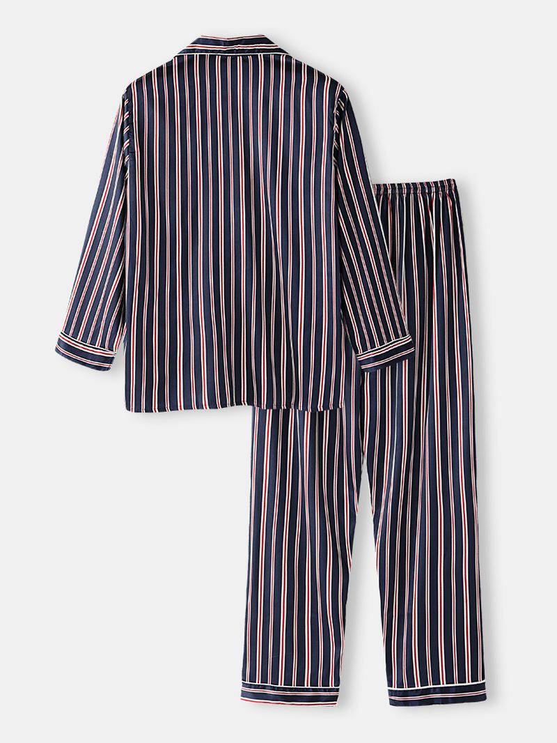 Klassisk Stribet Revere Krave Langærmet Elastisk Talje Ice Silk Home Casual Pyjamassæt