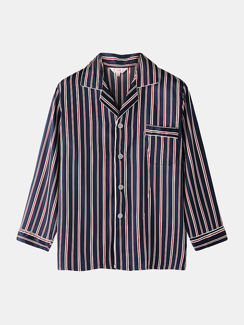 Klassisk Stribet Revere Krave Langærmet Elastisk Talje Ice Silk Home Casual Pyjamassæt