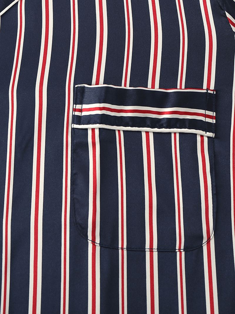 Klassisk Stribet Revere Krave Langærmet Elastisk Talje Ice Silk Home Casual Pyjamassæt