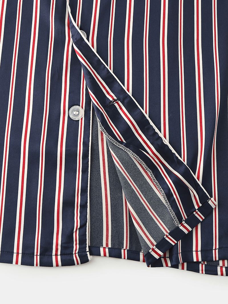 Klassisk Stribet Revere Krave Langærmet Elastisk Talje Ice Silk Home Casual Pyjamassæt