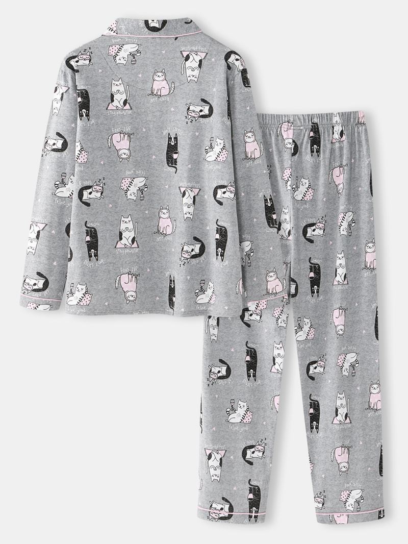 Kvinder Allover Tegneserie Katte Med Tryk Lapel Langærmet Bomuld Loungewear Hjem Pyjamas Sæt