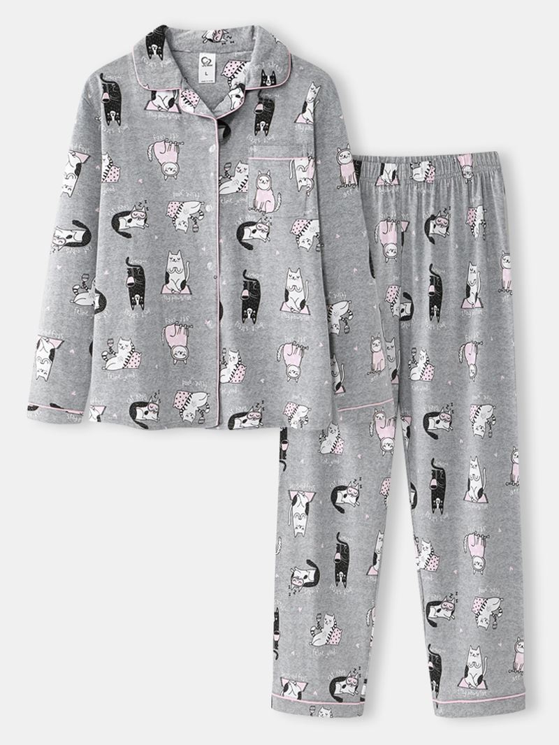 Kvinder Allover Tegneserie Katte Med Tryk Lapel Langærmet Bomuld Loungewear Hjem Pyjamas Sæt