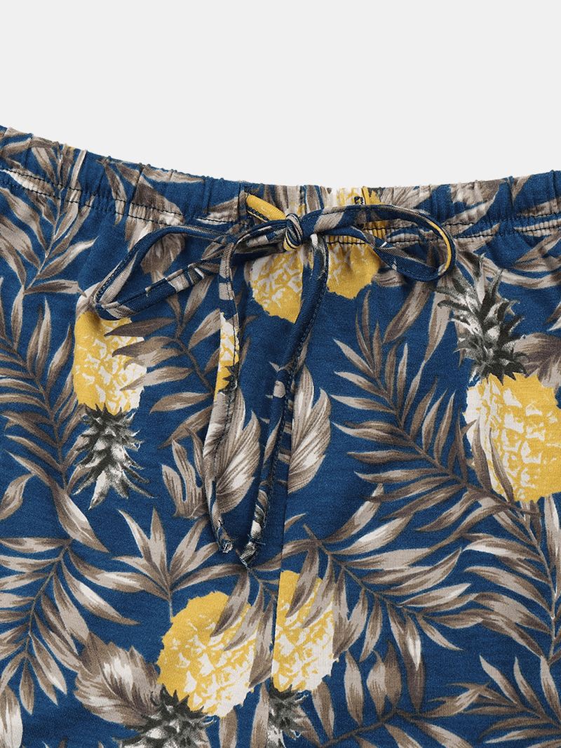 Kvinder Ananas Plant Med Tryk V-hals Kortærmet Snøre Hjem Pyjamas Sæt