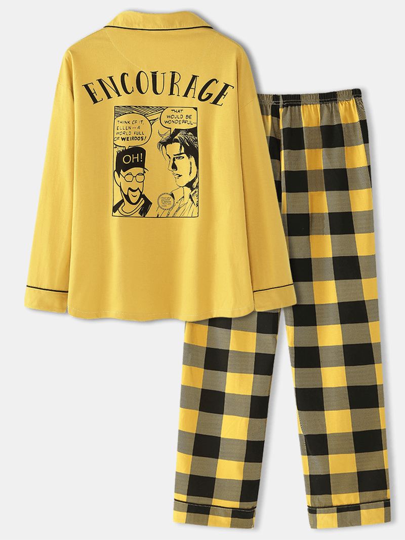 Kvinder Anime Med Tryk Langærmet Skjorte Plaid Elastisk Talje Hjem Pyjamas Sæt