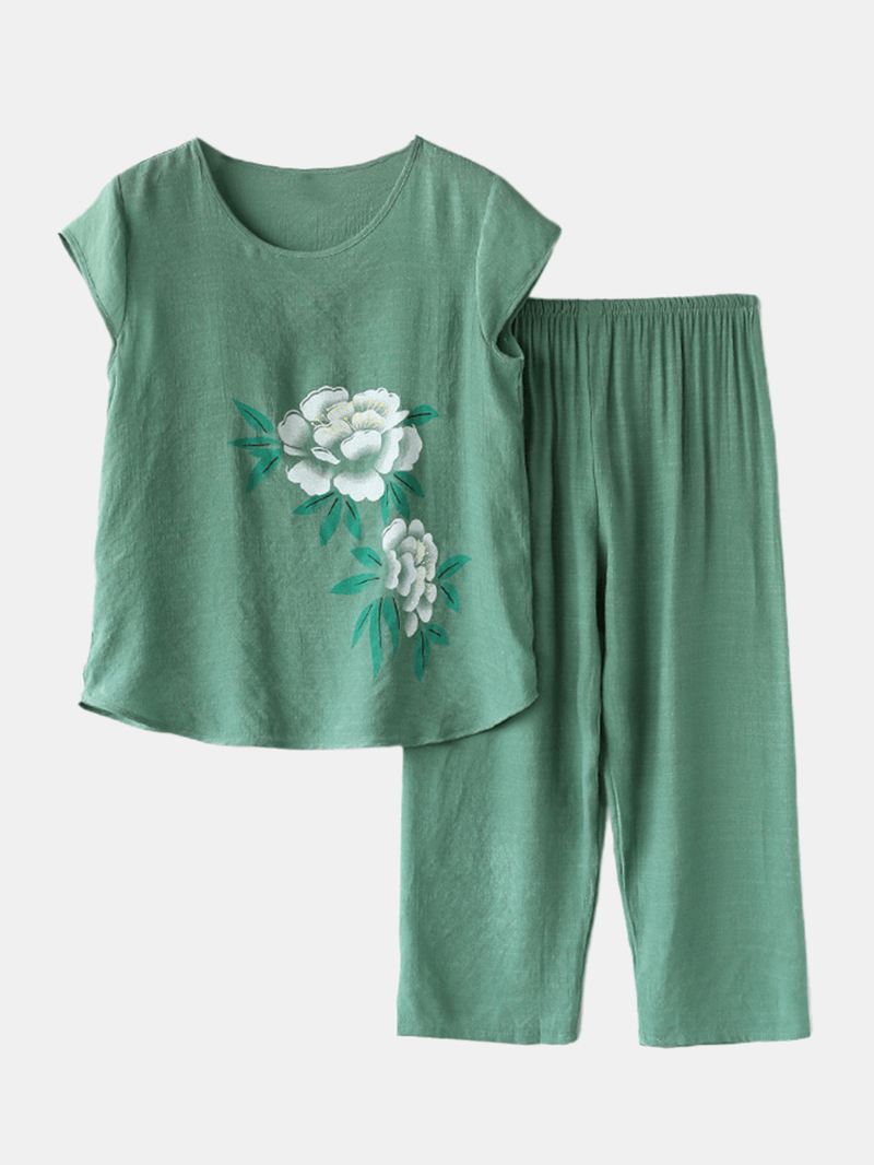 Kvinder Blomster Med Tryk Plus Størrelse Pyjamas Løst Kortærmet Loungewear