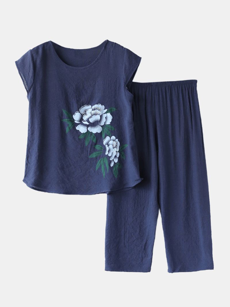 Kvinder Blomster Med Tryk Plus Størrelse Pyjamas Løst Kortærmet Loungewear