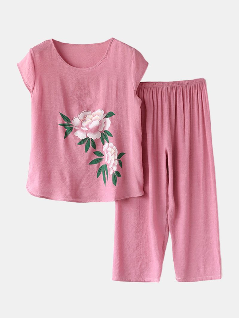 Kvinder Blomster Med Tryk Plus Størrelse Pyjamas Løst Kortærmet Loungewear