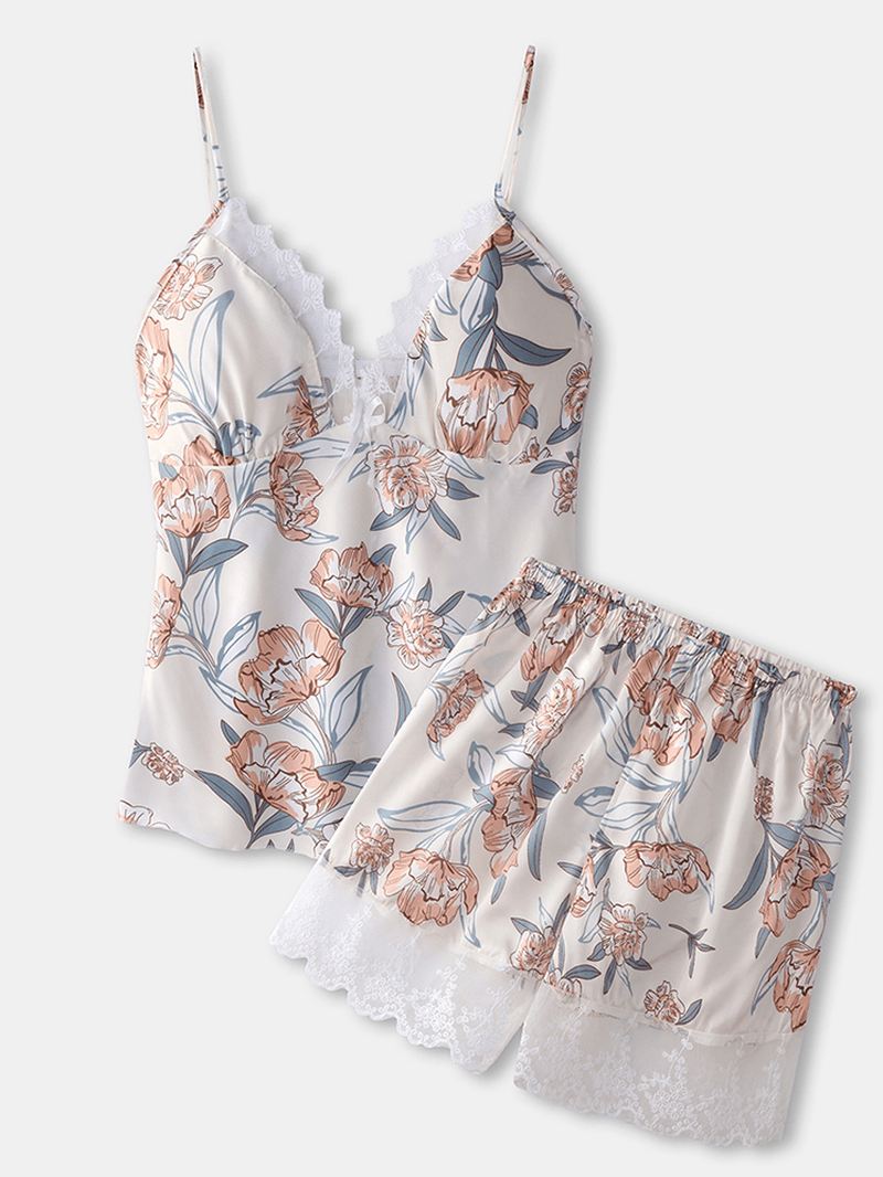 Kvinder Blomsterprint Blonde Trim Hjem Glat Vest Pyjamas Sæt