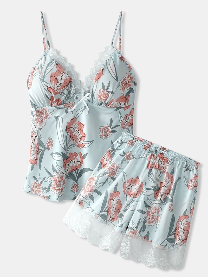 Kvinder Blomsterprint Blonde Trim Hjem Glat Vest Pyjamas Sæt