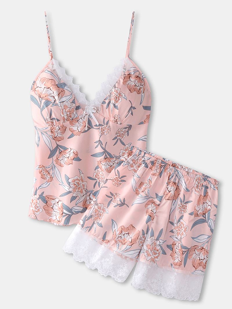 Kvinder Blomsterprint Blonde Trim Hjem Glat Vest Pyjamas Sæt