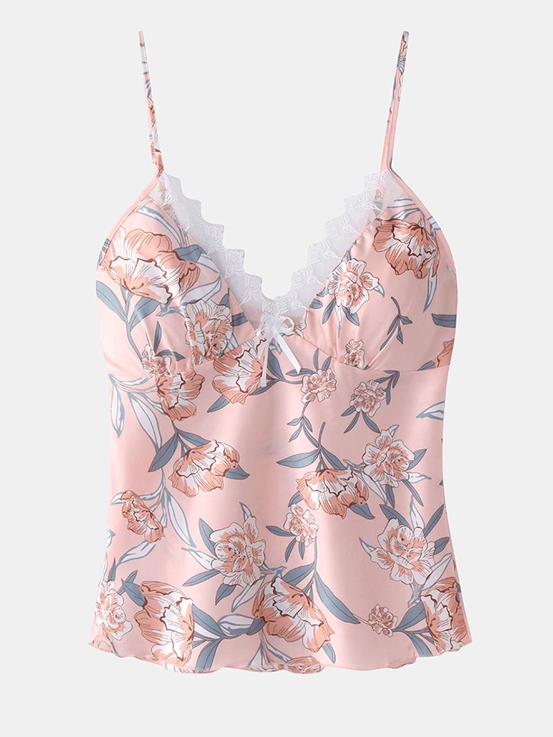 Kvinder Blomsterprint Blonde Trim Hjem Glat Vest Pyjamas Sæt