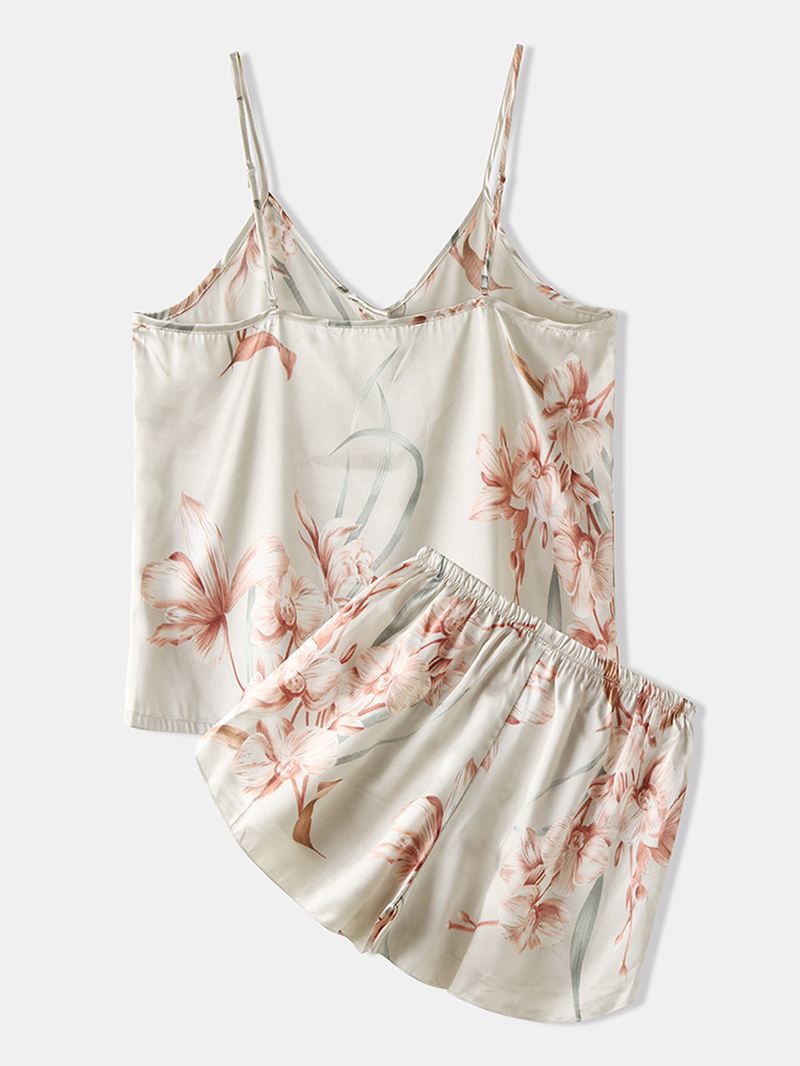 Kvinder Blomsterprint Button Up Spaghetti Straps Glat Casual Pyjamas Sæt