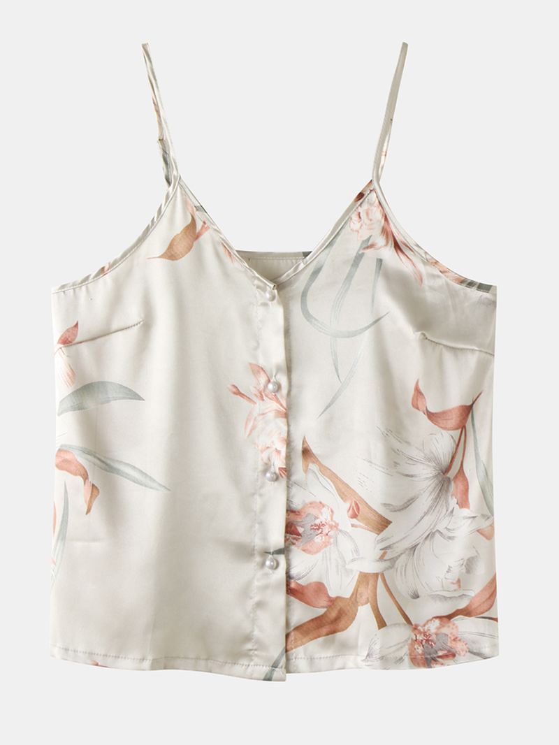 Kvinder Blomsterprint Button Up Spaghetti Straps Glat Casual Pyjamas Sæt