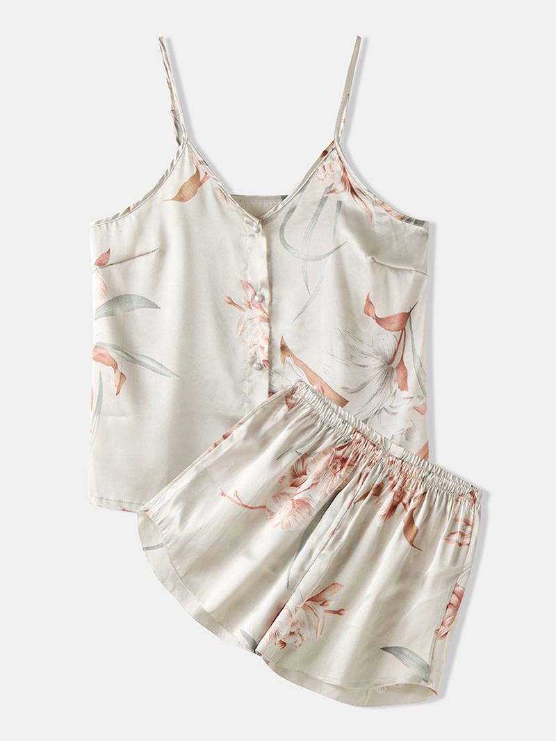 Kvinder Blomsterprint Button Up Spaghetti Straps Glat Casual Pyjamas Sæt