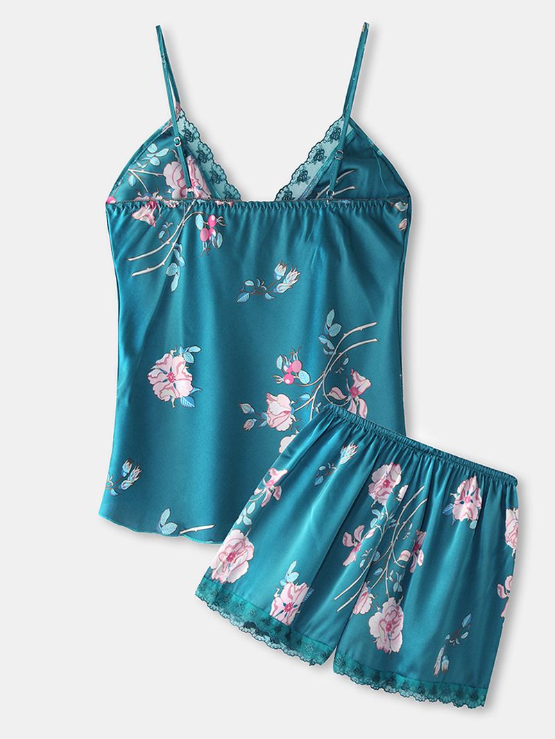 Kvinder Blomsterprint Softies Blonde Trim Glat Hot Hjem Pyjamas Sæt