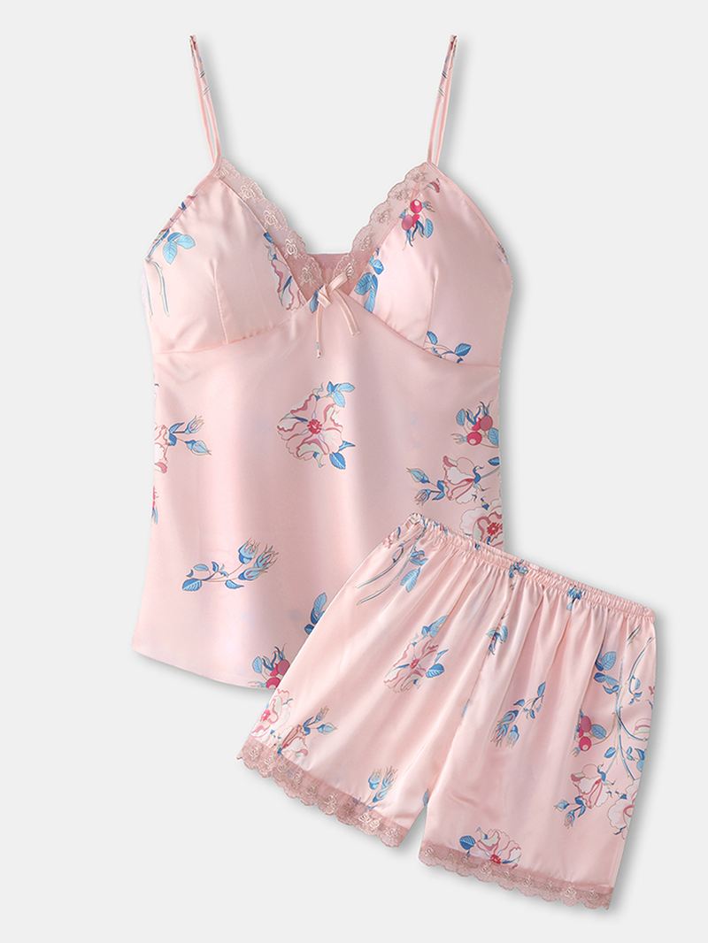 Kvinder Blomsterprint Softies Blonde Trim Glat Hot Hjem Pyjamas Sæt