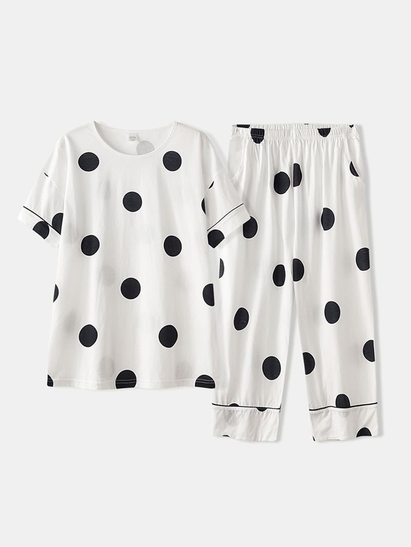 Kvinder Bomuld Polka Dot Kortærmet Pyjamas Sæt Casual Sommer Nattøj