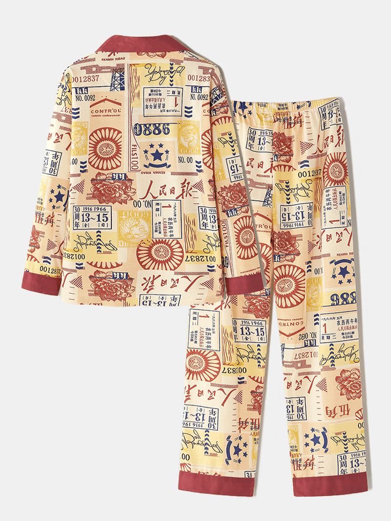 Kvinder Bomuld Vintage Kinesisk Stil Med Tryk Knap Op Langærmet Elastisk Talje Hjem Casual Pyjamas Sæt