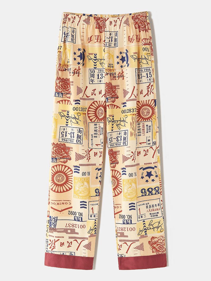 Kvinder Bomuld Vintage Kinesisk Stil Med Tryk Knap Op Langærmet Elastisk Talje Hjem Casual Pyjamas Sæt