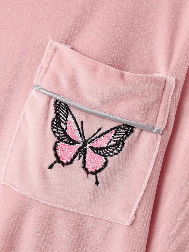 Kvinder Butterfly Broderi Pocket Shirt Velvet Elastic Waist Pant Home Pyjamas