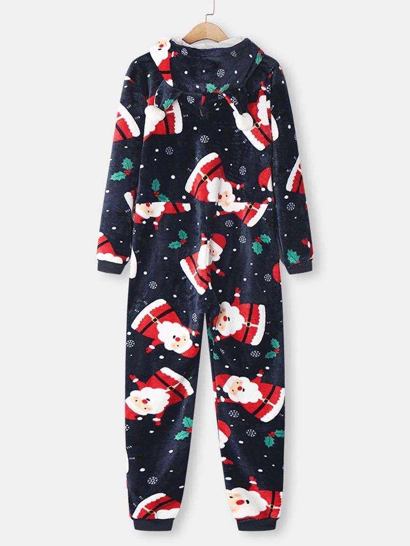 Kvinder Christmas Santa Claus Med Tryk Flannel Ear Design Hooded Onesies Langærmet Pyjamas