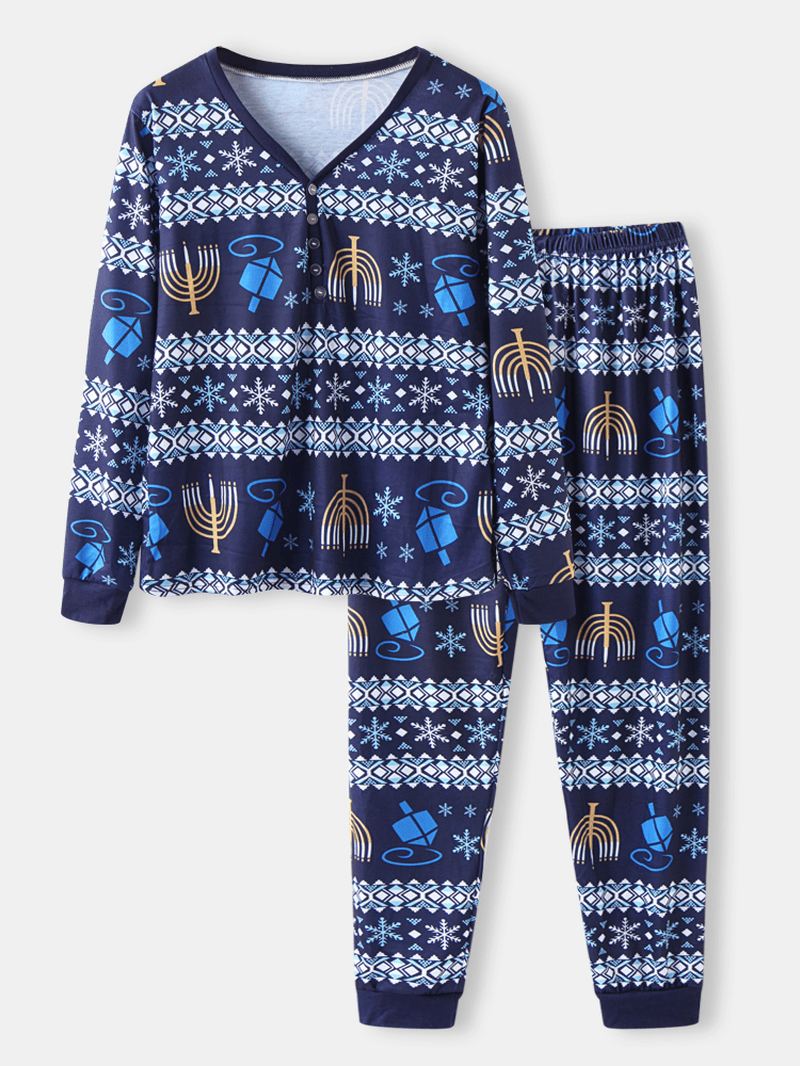 Kvinder Christmas Style Med Tryk V-hals Langærmet Pullover Løse Bukser To Stykke Pyjamas Sæt